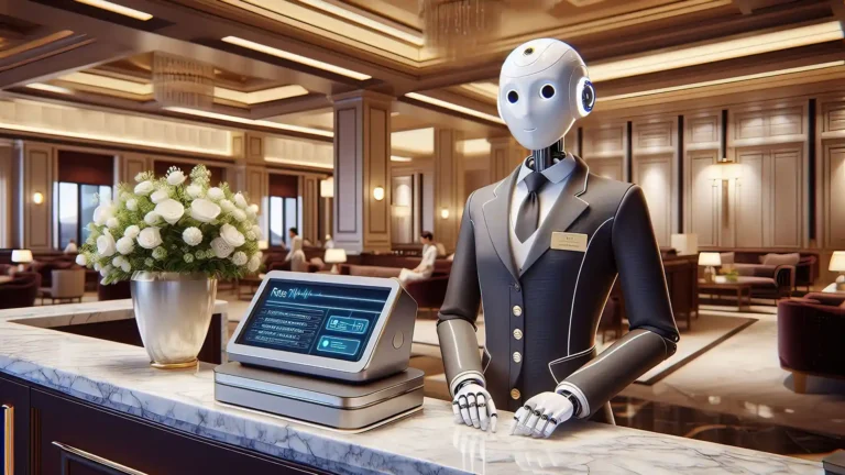 KI-generiertes Bild eines KI-Concierge an einer Hotelrezeption