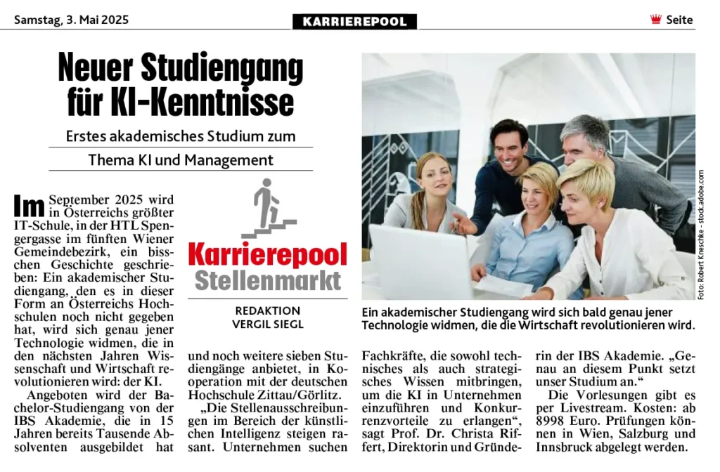 "Neuer Studiengang für KI-Kenntnisse" Artikel in der Kronen Zeitung über den Bachelorstudiengang KI Management der IBS Akademie.