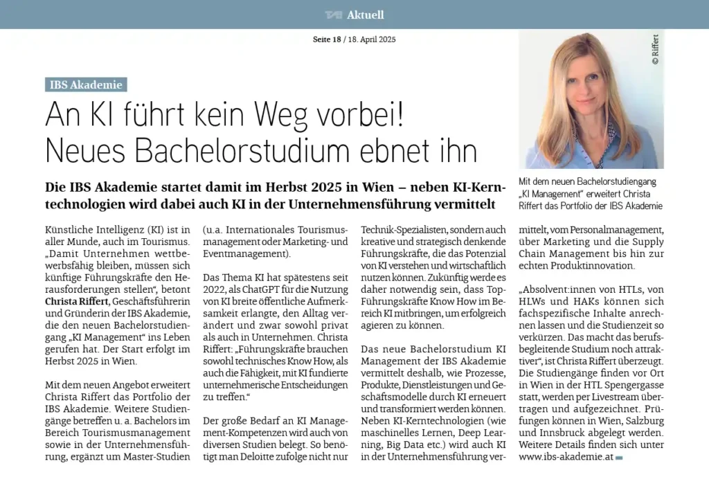 "An KI führt kein Weg vorbei! Neues Bachelorstudium ebnet ihn" - Artikel in der TAI über den neuen Bachelorstudiengang KI Management an der IBS Akademie'